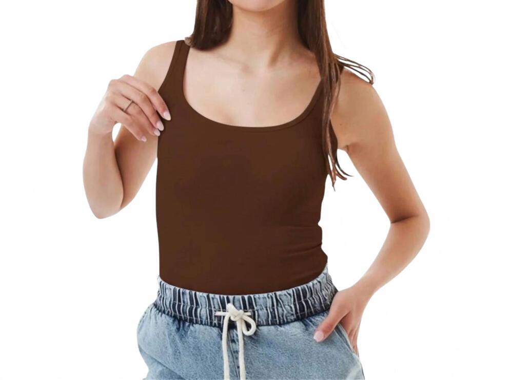 NEW AMBAR women's minimalist square neck slim fit tank top in brown
